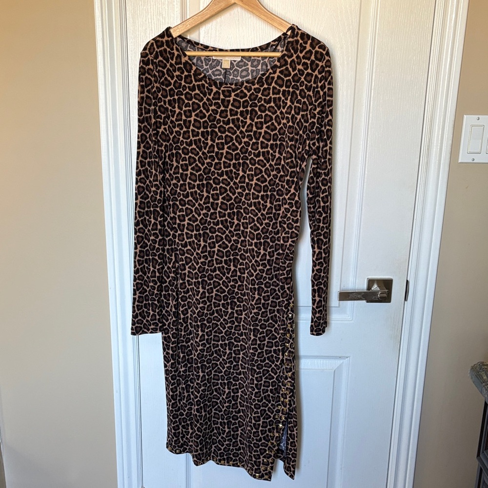 Michael Kors Brown and Black Animal Print Long Sleeve Dress